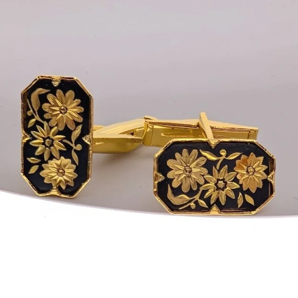 Vintage Damascene Cufflinks Black Gold Tone Floral Botanical